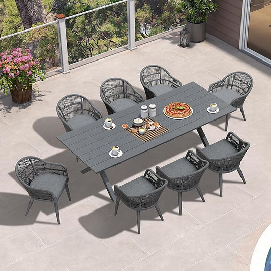 PURPLE LEAF 9 Piece Longer Patio Dining Set with Outdoor Aluminium Dining Table and Woven Chairs Modern Metal Furniture Cushions Sets for Garden Yard Indoor Decor Kitchen Gray