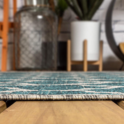 Eyely BMS109E-6 Santa Monica Trebol Moroccan Trellis Textured Weave, Pet Friendly, Non-Shedding, Stain Resistant, Easy-Cleaning, Teal/Gray, 6 ft. x 9 ft., Indoor/Outdoor, Area Rug