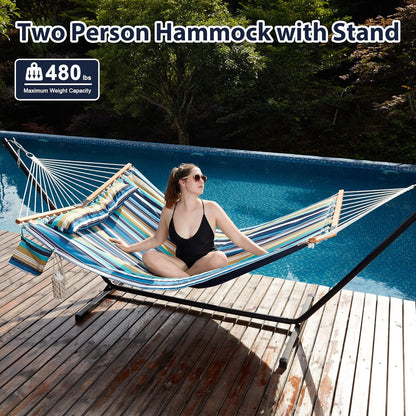 Two Person Hammock with Stand Heavy Duty, Outdoor Patio Hammock with Portable Steel Stand, Large Double Hammocks,480lbs Capacity.(Middle Blue Stripes)