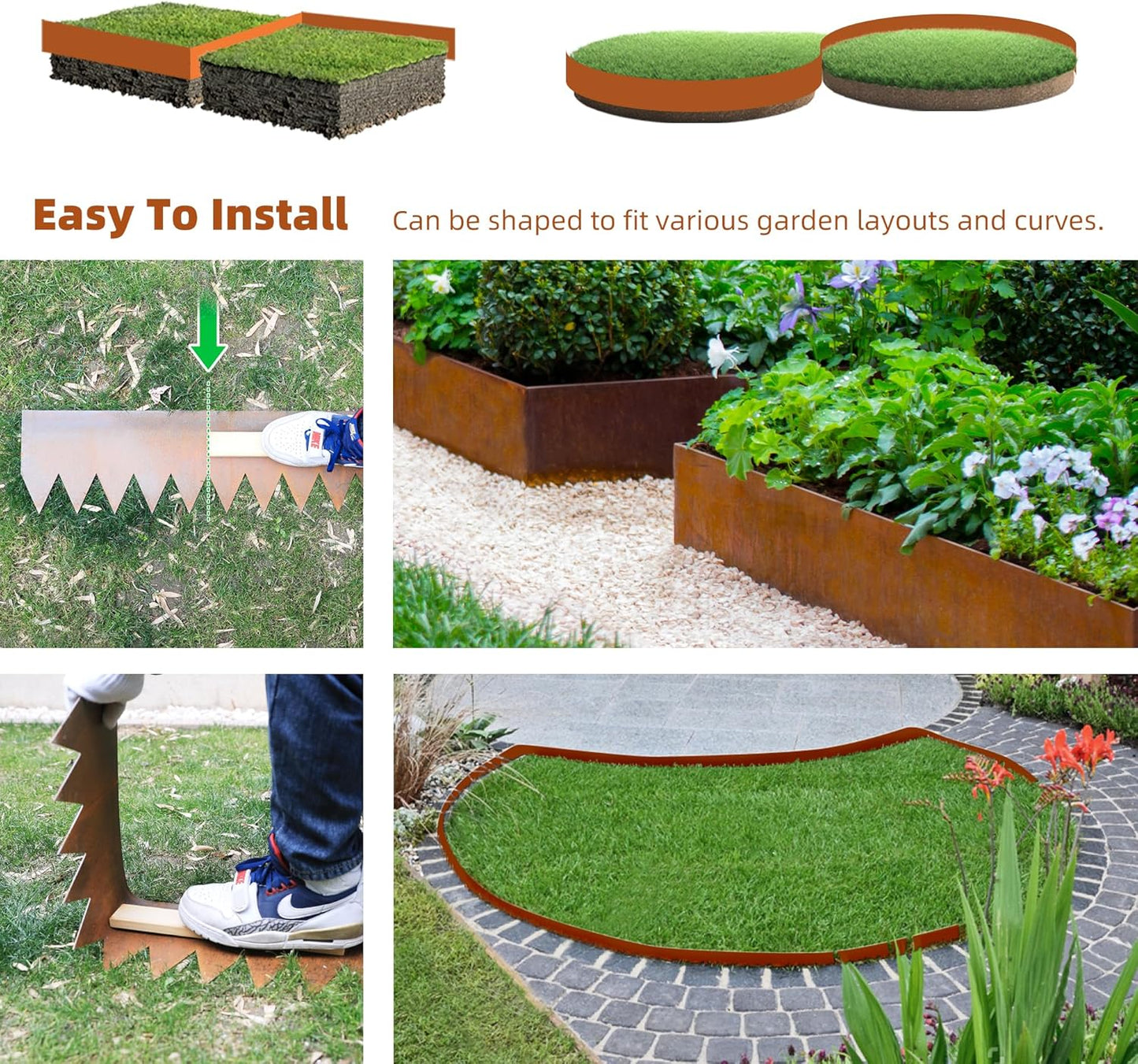Solution4Patio 6-Pack Corten Steel Garden Landscape Edging with 7X Clips, 8" H Hammer-in Heavy Duty Bendable Metal Pre-Rusted Border Edging Strips for Lawn, Yard (20ft Total)