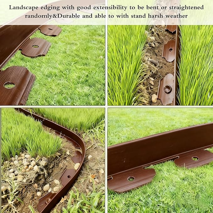 49FT Landscape Edging, 4 in Tall Garden Edging Borders with 75 Spikes,Flexible Lawn Edging Plastic Borders for Garden, Flower Beds, Pavement-Brown