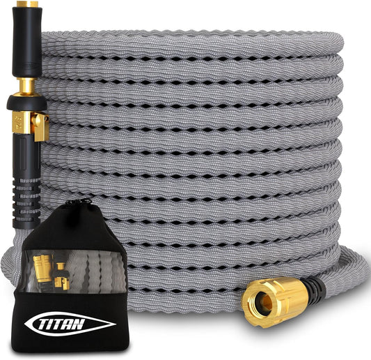 TITAN Flexible Garden Hose 20FT – Ultra Lightweight, Heavy Duty Water Hose with Brass Fittings & Jet Nozzle – Kink-Free, Non-Expanding, Durable Fabric Hose for Yard, Lawn, Car Wash, Outdoor Use