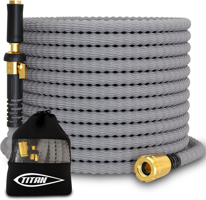 TITAN Flexible Garden Hose 65FT – Ultra Lightweight, Heavy Duty Water Hose with Brass Fittings & Jet Nozzle – Kink-Free, Non-Expanding, Durable Fabric Hose for Yard, Lawn, Car Wash, Outdoor Use