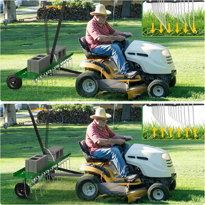 40 Inch Green Tow-Behind Dethatcher with 20 Spring Steel Tines, Pull Dethatcher for Outdoor Yard Care, Garden Farm Grass Tractor Rake to Remove Thatch, Leaves and Needles from Large Lawn Areas