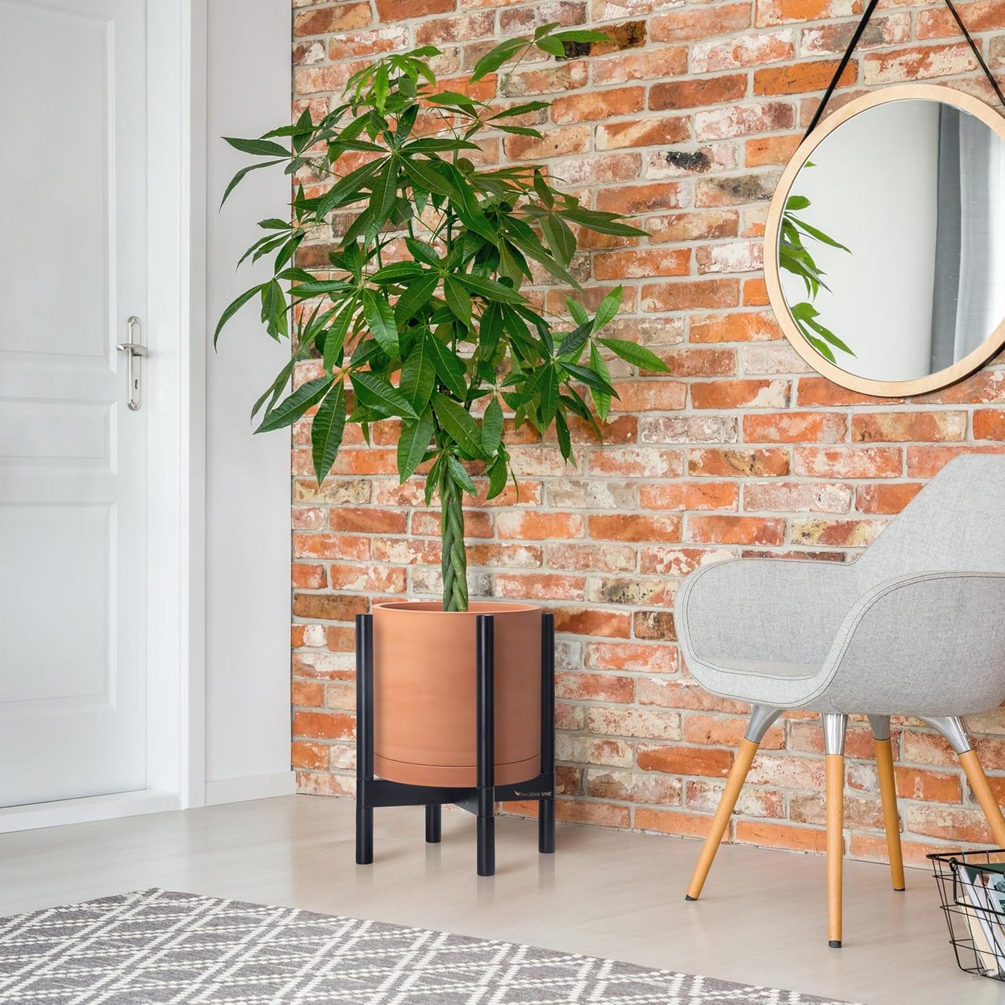 D'vine Dev Terracotta Planter with Ebony Stand - 12 Inch Modern Round Flower Pot with Wood Planter Holder, Terracotta, 55-B-H-5