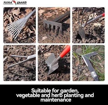 FLORA GUARD Garden Tool Set, 6-Piece Heavy Duty Gardening Hand Tools with Soft Rubber Handle, Includes Trowel, Rake, 2-in-1 Hoe & Crack Weeder, Durable Yard Tools, Ideal Gardening Gift for Men & Women