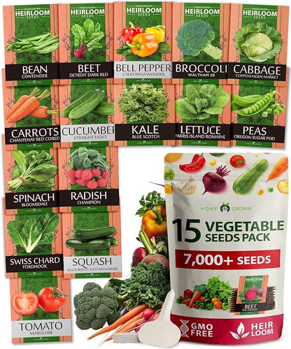 HOME GROWN Heirloom Vegetable Seeds - 15 Varieties, 7,000+ Non GMO Seeds for Planting, Complete Vegetable Garden Kit for Indoor & Outdoor Growing, Survival Seed Vault for Preppers