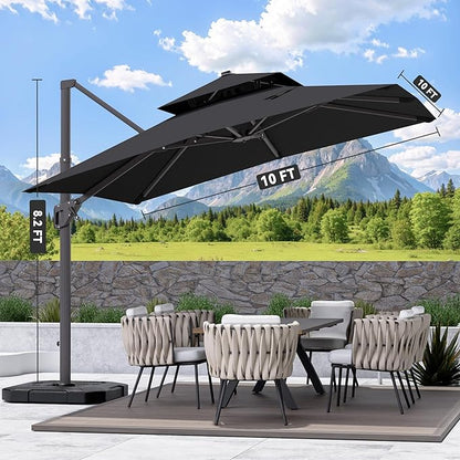 10' X 10' Cantilever Patio Umbrella Outdoor Heavy Duty Double Top Windproof Square Offset Umbrellas with 360-degree Rotation for Pool Deck Backyard, Black