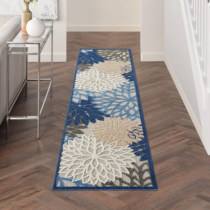 Nourison Aloha Indoor/Outdoor Blue/Multicolor 2'3" x 10' Area Rug, Tropical, Botanical, Easy Cleaning, Non Shedding, Bed Room, Living Room, Dining Room, Deck, Backyard, Patio (2x10)