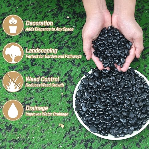 6lb Black Rocks for Planters- 1/4" - 3/4" Polished Black Stones Smooth Flat Pebbles for Fish Tanks Decorative River Rocks for Vases Bonsai Pots Garden Stones for Landscaping and Yards