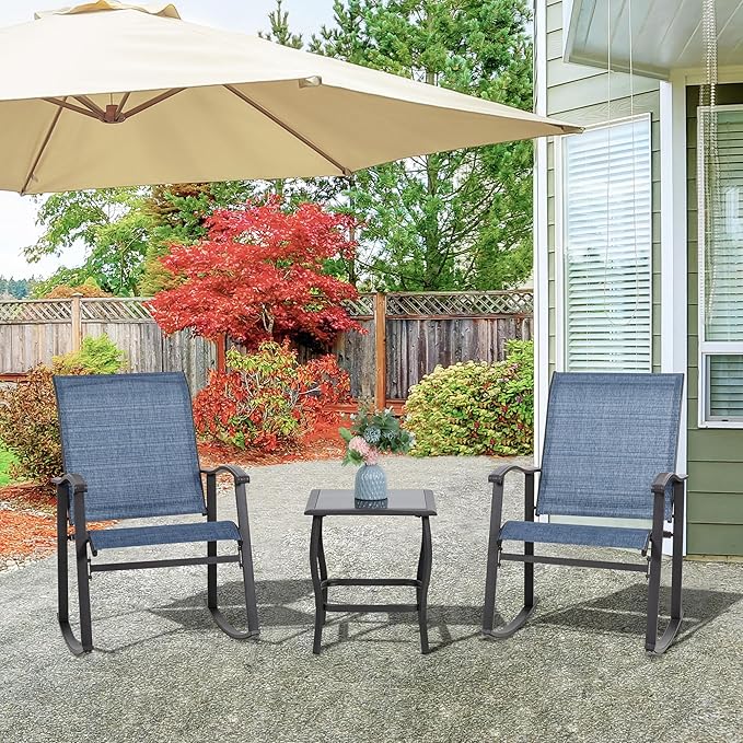Vongrasig 3 Piece Outdoor Rocking Bistro Set, Textilene Fabric Small Patio Furniture Set, Front Porch Rocker Chairs Conversation Set with Glass Table for Lawn, Garden, Balcony, Poolside (Denim Blue)