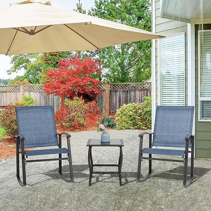 Vongrasig 3 Piece Outdoor Rocking Bistro Set, Textilene Fabric Small Patio Furniture Set, Front Porch Rocker Chairs Conversation Set with Glass Table for Lawn, Garden, Balcony, Poolside (Denim Blue)