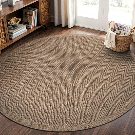CAMILSON Easy Jute Round Rug 6ft Indoor Outdoor Natural Color Fiber Area Rugs for Living Room Patio and Kitchen Rug Herringbone Woven Design Easy-Cleaning Washable Outside Carpet Alfombras (6 Round)
