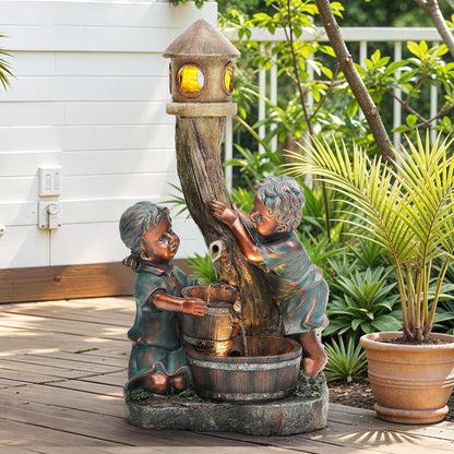 31" Resin Outdoor Water Fountain with LED Lights, Boy and Girl, Pagoda and Wood Barrel Garden Fountain, 3-Tier Cascading Waterfall for Tranquil Backyard, Patio or Porch, Faux Bronze Finish
