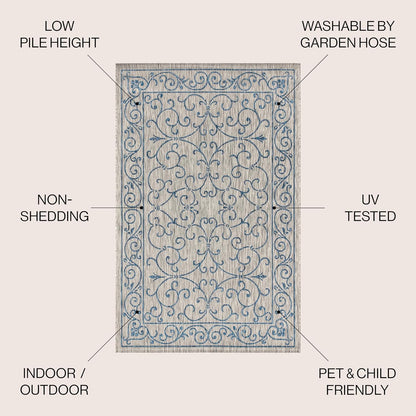 JONATHAN Y SMB106C-5 Charleston Vintage Filigree Textured Weave Indoor/Outdoor Gray/Navy 5 ft. x 8 ft. Area Rug, Classic,Easy Cleaning,HighTraffic,LivingRoom,Backyard, Non Shedding