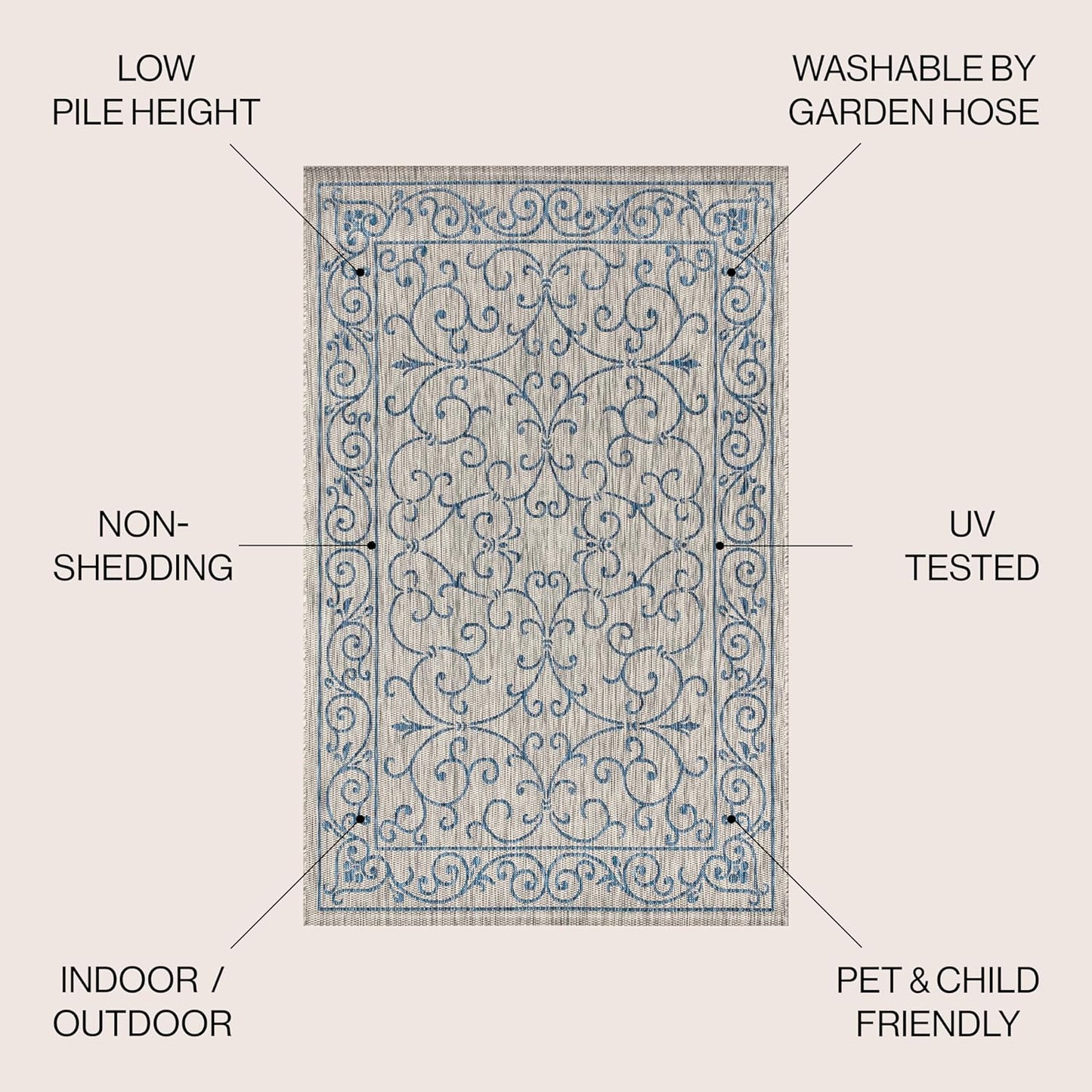 JONATHAN Y SMB106C-14 Charleston Vintage Filigree Textured Weave Gray/Navy 10 ft. x 14 ft. Indoor/Outdoor Area Rug, Pet Friendly, Non-Shedding, Stain Resistant, Easy-Cleaning for Backyard, Patio