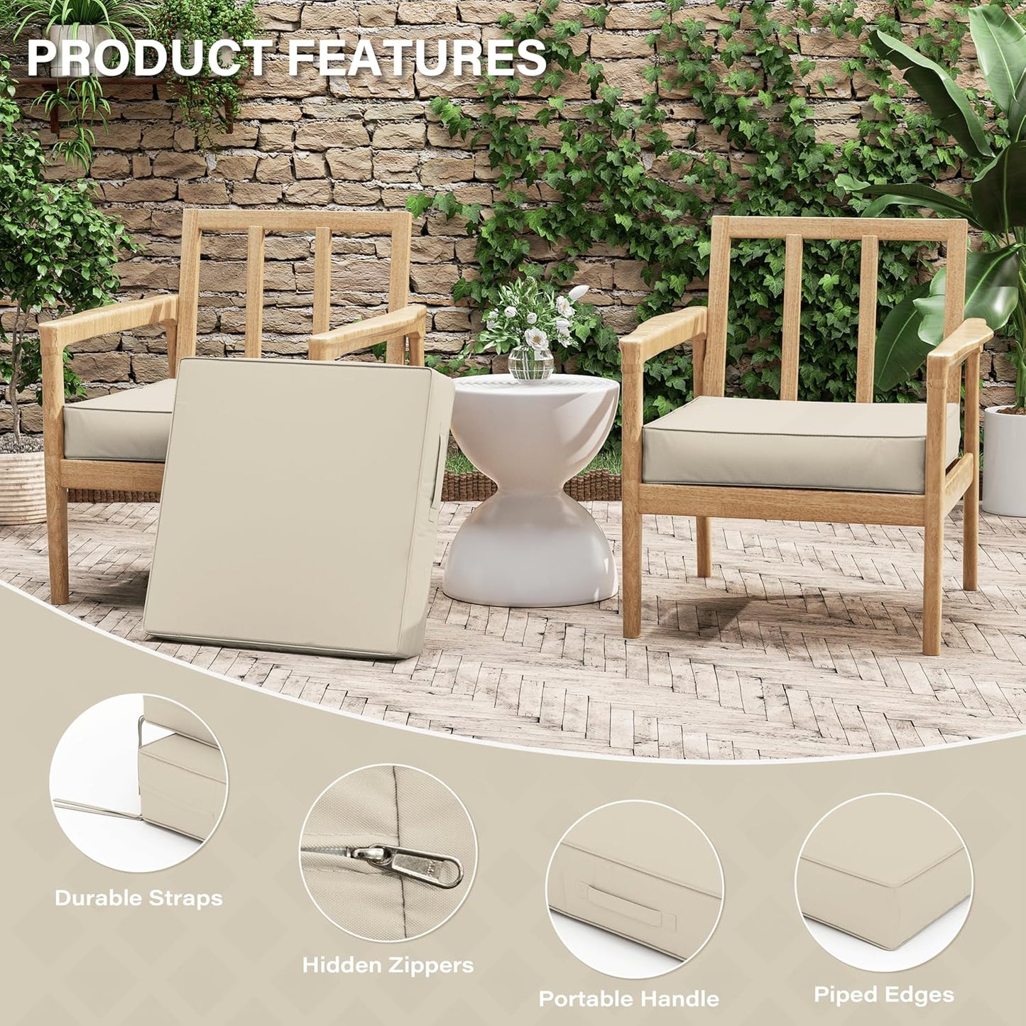 Patio Chair Cushions 22 X 22 X 4 Inch Waterproof Outdoor Seat Cushions for Patio Furniture, Outdoor Sofa Couch Pads with Ties & Handle, Set of 2, Cream
