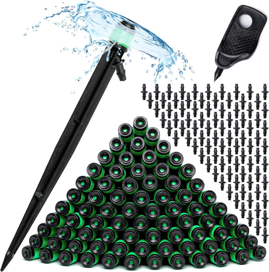 CARPATHEN 100 Drip Irrigation Emitters Vortex - Drip Irrigation Parts for Irrigation Kit - 1/4 inch Irrigation Tubing Compatible - 360 deg Adjustable Fan Sprayer for Raised Garden Bed, Potted Plants