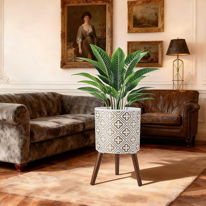 naclto 10 Inch Planter with Stand, Plant Pot for Indoor Plants, Large Modern Flower Pots Indoor Outdoor with Drainage for Home Garden Patio, White ＆ Gold