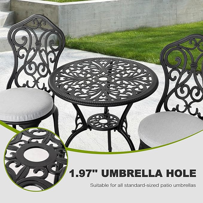 NUU GARDEN 3 Piece Outdoor Bistro Table Set, All Weather Cast Aluminum Patio Bistro Sets Patio Table and Chairs Set of 2 with Umbrella Hole for Yard, Garden, Balcony, Black