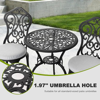 NUU GARDEN 3 Piece Outdoor Bistro Table Set, All Weather Cast Aluminum Patio Bistro Sets Patio Table and Chairs Set of 2 with Umbrella Hole for Yard, Garden, Balcony, Black