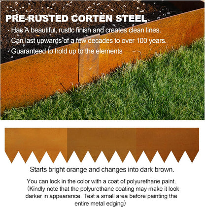 KOL Corten Steel Pre-Rusted Garden Lawn Edging - 6-Pack Metal Landscape Edging Strips - Heavy Duty Hammer-in Cor-Ten Steel Rust Border with 7 Clips - 14-Gauge - 40" L x 5.5" H (20FT Total Length)