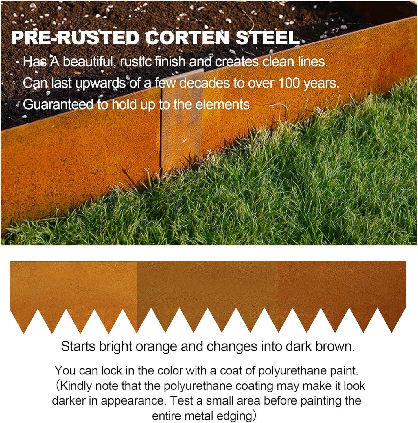 KOL Corten Steel Pre-Rusted Garden Lawn Edging - 6-Pack Bendable Metal Landscape Edging Strips - Heavy Duty Hammer-in Cor-Ten Rust Border with 7 Clips - 14-Gauge - 40" L x 8" H (20FT Total Length)