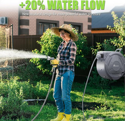 5/8" × 110 ft Retractable Hose Reel, Heavy Duty Retractable Garden Hose Reel Wall Mounted with 10-Pattern Hose Nozzle/Any Length Lock/Slow Return System/180°Swivel Bracket