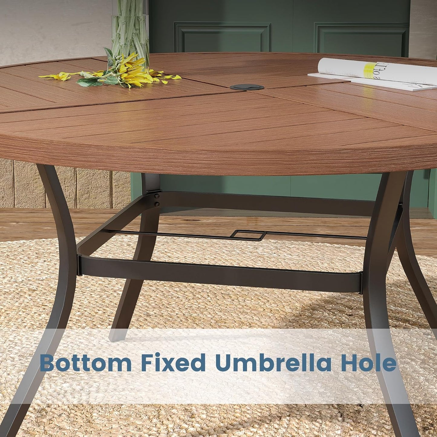 DIFY 53.1" Round Outdoor Patio Dining Table for 6-8, All-Weather Metal Steel Slatted Patio Table with 1.57" Adjustable Umbrella Hole, for Lawn Garden Porch Backyard, Walnut