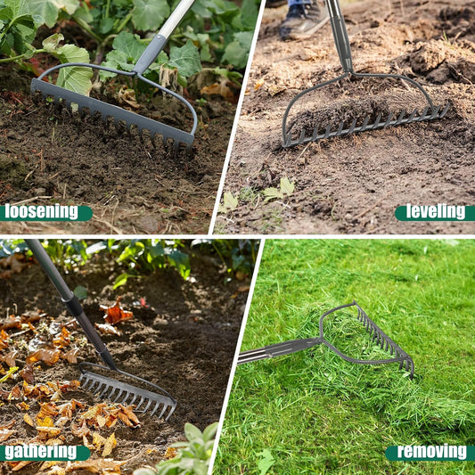 Rake for Leaves, Garden Bow Rake for Lawns Heavy Duty, 5 ft Back-Saving Long Handle, 14 Metal Tines, Yard Gardening Tools for Loosen Soil, Clear Gravel Grass Rock, Level Mulch