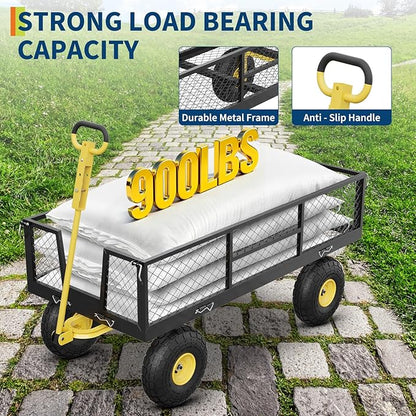 GarveeLife 900 LBS Garden Cart on Wheels with Adjustable Handles, Heavy Duty Steel Garden Wagon with Removable Mesh Sides to Convert into Flatbed, Wagon Cart for Lawn Farm Yard