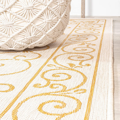 JONATHAN Y SMB106M-5SQ Charleston Vintage Filigree Textured Weave Indoor Outdoor Area Rug, Classic Traditional Transitional Easy Cleaning,Bedroom,Kitchen,Backyard,Patio, Cream/Yellow, 5' Square
