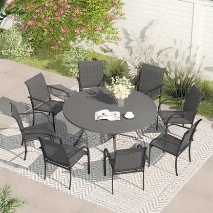 VICLLAX Patio Dining Set for 8, Outdoor Furniture Set Includes 53" Round Patio Table and 8 Patio Sling Chairs, Grey Tabletop and Grey Fabric
