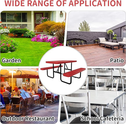 72'' Rectangular Metal Picnic Table for Outdoors,Heavy-Duty Portable Commercial Picnic Tables Bench Set with Umbrella Hole,School Canteen Table W/Seats - Patio Dining Furniture for Patio Garden