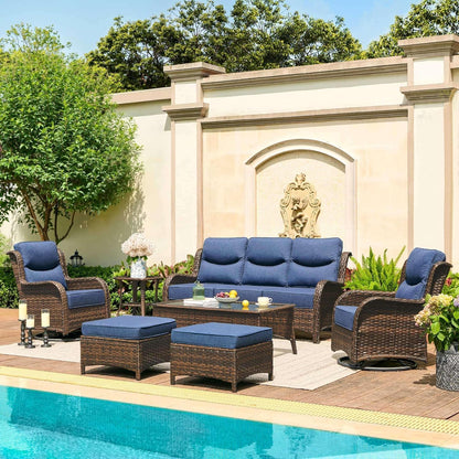 HILLGA Luxury Patio Furniture Set with 6-Inch Thick Cushions, High Back Outdoor Swivel Rocker Chairs and Patio Couch, 7-Piece All Weather Conversation Set for Porch Deck Pool Yard, Blue (V3)