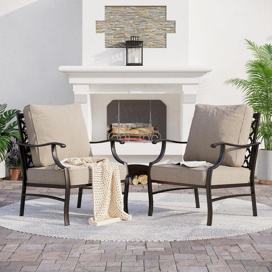Metal Patio Chairs Set of 2 with 5.75" Extra Thick Cushion, 2 Pieces High Back Outdoor Patio Chairs All Weather Outdoor Furniture Seating for Deck Backyard Balcony Front Porch, Beige