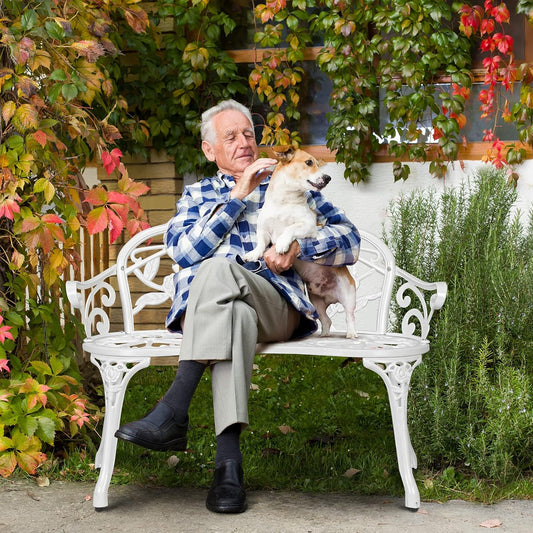 VINGLI 38.5" Patio Park Garden Outdoor Metal Rose Bench,Cast Iron Cast Aluminium Frame Antique Finish Chair,Accented Lawn Front Porch Path Yard Decor Deck Furniture for 2 Person Seat（White