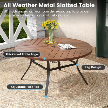 DIFY 50" Round Outdoor Patio Dining Table for 6, All-Weather Metal Steel Slatted Patio Table with 1.57" Adjustable Umbrella Hole, for Lawn Garden Porch Backyard, Walnut