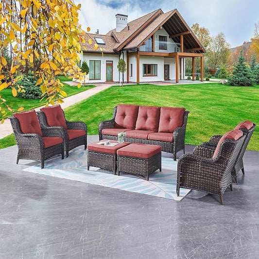 Rilyson Wicker Patio Furniture Chairs Set - 7 Piece Rattan Outdoor Sectional Conversation Sets with 1 Sofa,4 Armrest Chairs and 2 Ottomans for Porch Deck Garden(Brown/Red)