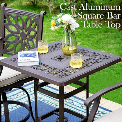 PHI VILLA 3 Pcs Cast Aluminum Patio Bistro Set, 2 Extra Wide Swivel Chairs with Cushion & 1 Square Bistro Dining Table with Umbrella Hole
