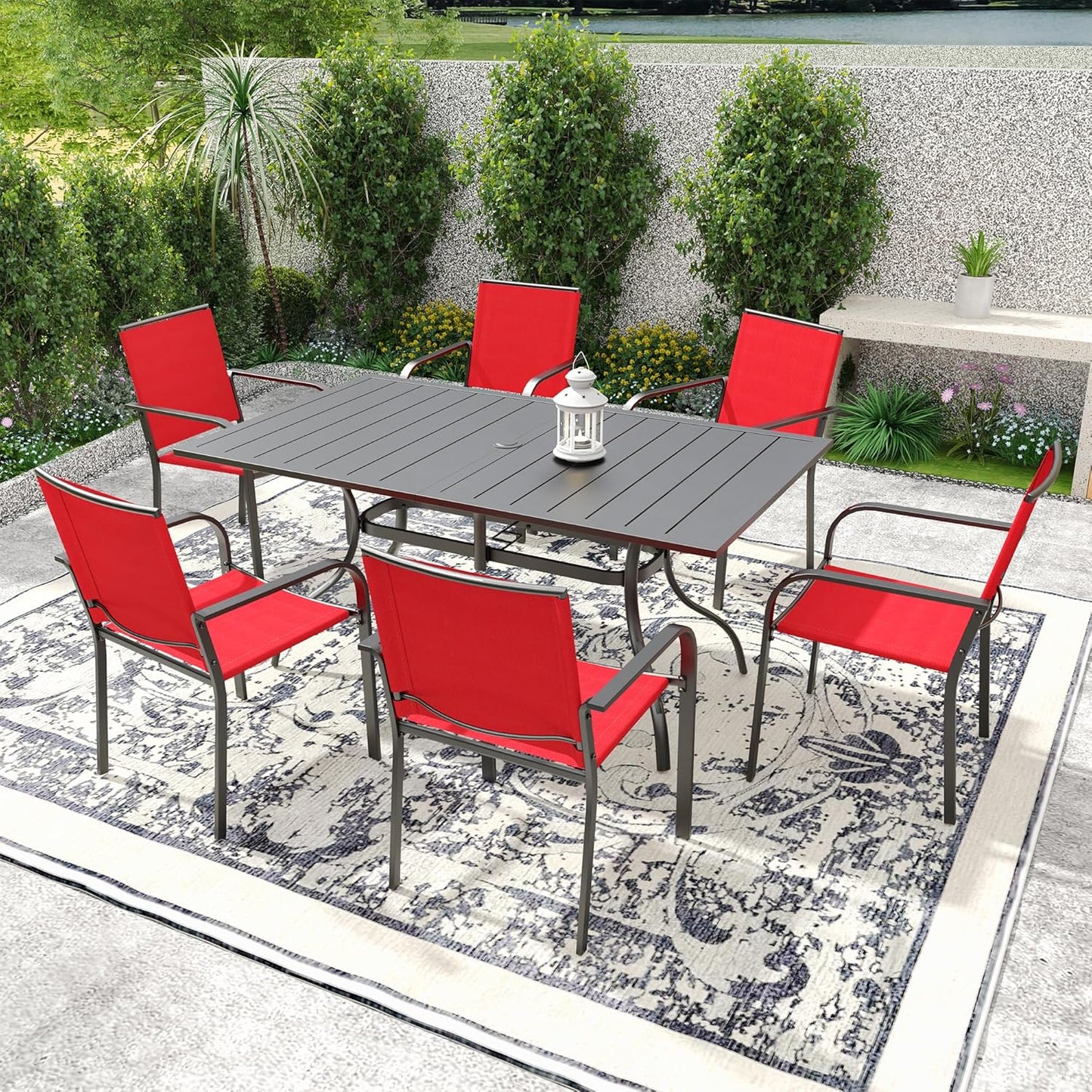 7-Piece Outdoor Patio Dining Set, 6 Stackable Patio Chairs & 63.5''Rectangular Dining Table with All Weather Frame Furniture Set - Cherry