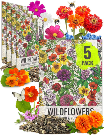 Seed Needs Wildflower Seeds Hummingbird and Butterfly Seed Mix | 5 Packs (1 Ounce Each) No Filler 23 Varieties Garden Seeds Annual & Perennial Species | Pollinator Attracting Flower Seed | Bulk