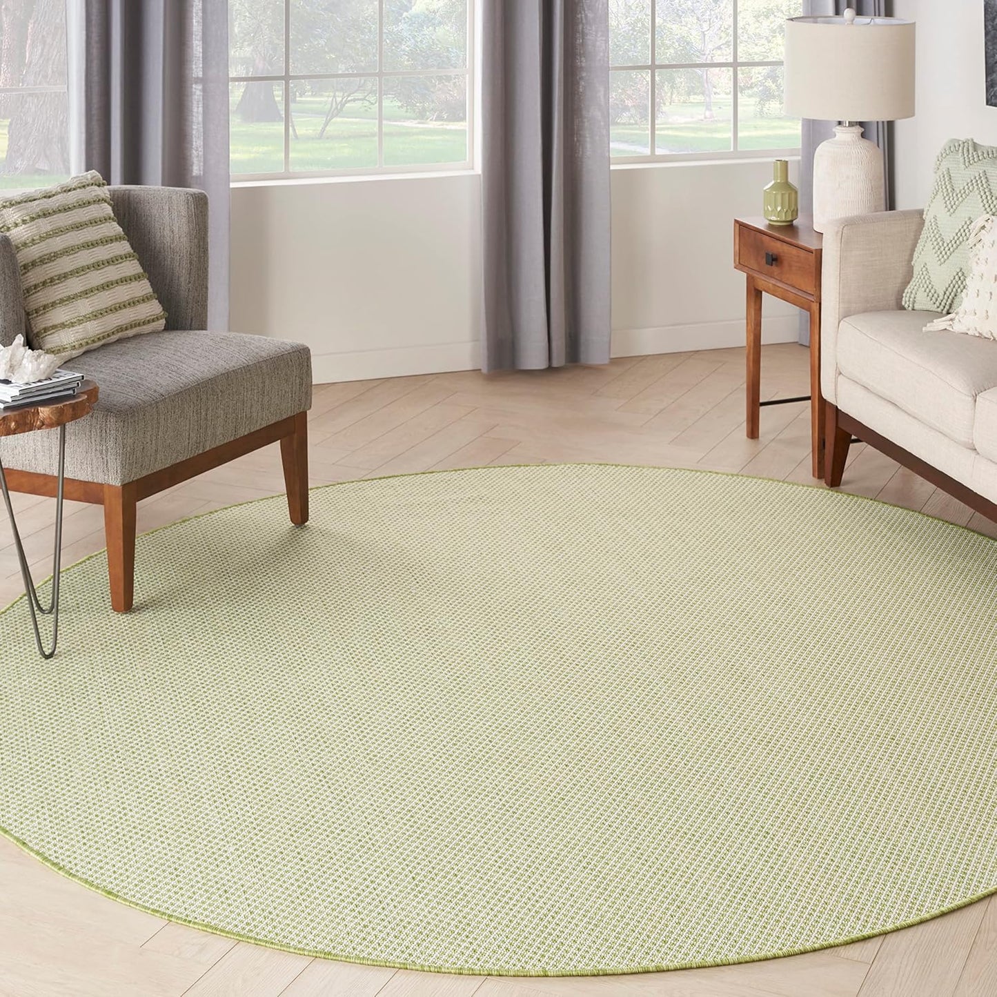 Nourison Home Courtyard Indoor/Outdoor Ivory Green 8' x Round Area Rug, Easy Cleaning, Non Shedding, Bed Room, Living Room, Dining Room, Backyard, Deck, Patio (8 Round)