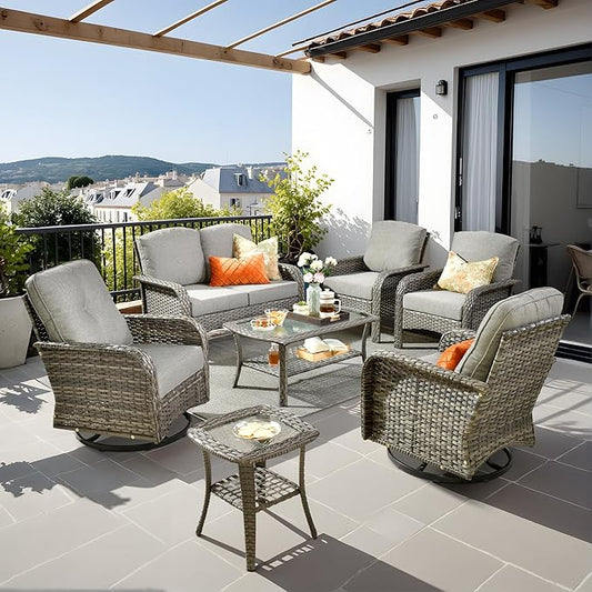 7-Piece Wicker Patio Furniture Set, All-Weather Rattan Conversation Bistro Loveseat Chair and Patio Rockers Set for Backyard, Balcony and Deck with Soft Cushions and Metal Table(Dark Gray)