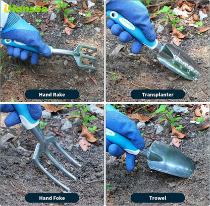 Blue Garden Tool Sets 12-Piece, Aluminum Gardening Hand Tools w/Ergonomic Handle, Garden Supplies Organizer Handbag, Kneeling Pad, Apron and Gloves, Gift for Women, Garden Starter Kit for Women