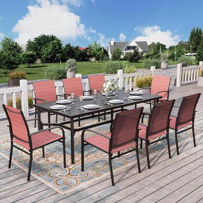 HERA'S HOUSE 9 Pieces Patio Dining Set, 8 Red Textilene Patio Chairs and 83" Large Rectangle Dining Table, Outdoor Table and Chairs Set for Lawn Garden Backyard Deck