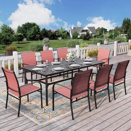 HERA'S HOUSE 9 Pieces Patio Dining Set, 8 Red Textilene Patio Chairs and 83" Large Rectangle Dining Table, Outdoor Table and Chairs Set for Lawn Garden Backyard Deck