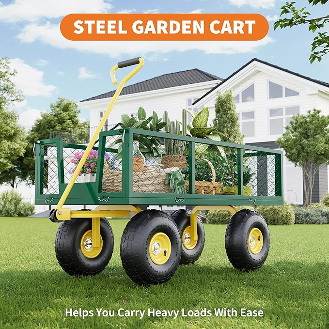500 Lbs Garden Wagon, 2-in-1 Heavy-Duty Steel Garden Cart, with 10 Inch All-Terrain Tires and Removable Mesh Side Panels, 180° Rotating Handle, Metal Multi-Function Carts, Outdoor Gardens Wagon Cart