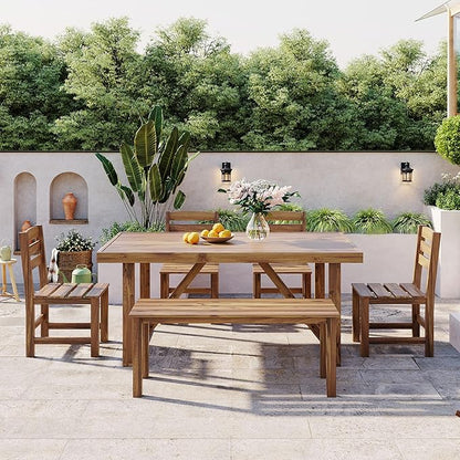 Outdoor, Residential Dining Table, 4-Chair ，Bench Set, 6PC,Wooden Frame,Patio, Balcony, Backyard,Gardens, Poolside