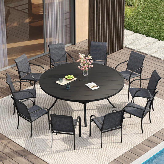 VICLLAX 11 Pieces Patio Dining Set for 10, Outdoor Furniture Set Includes 60" Round Outdoor Table and 10 Lawn Stackable Chairs, Black Tabletop and Grey Fabric